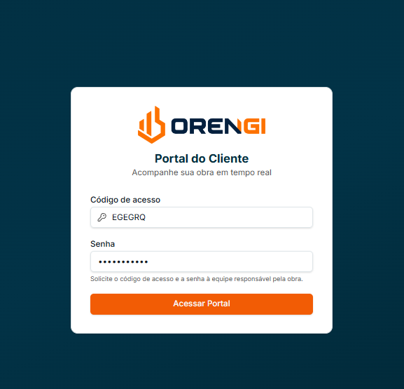 Tela de login do Portal do Cliente do ORENGI com código de acesso e senha