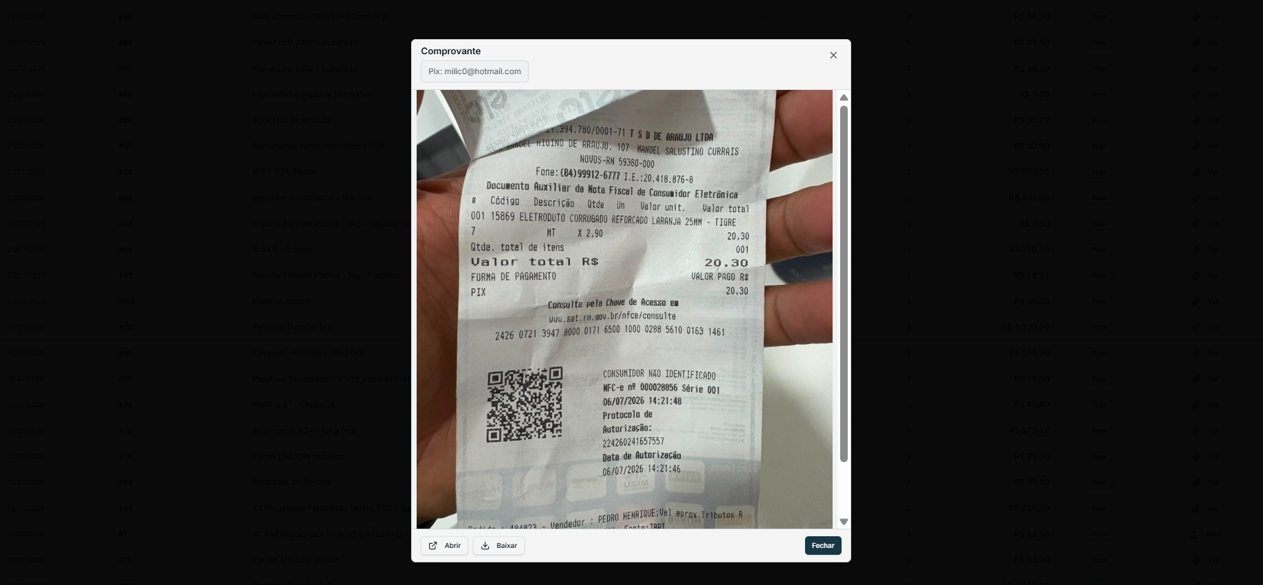 Visualização do comprovante de pagamento anexado no Portal do Cliente