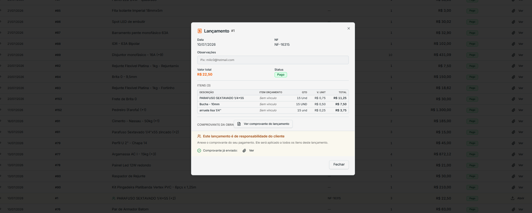 Detalhe de um lançamento de custo no Portal do Cliente com itens, vínculo ao orçamento e responsabilidade do cliente