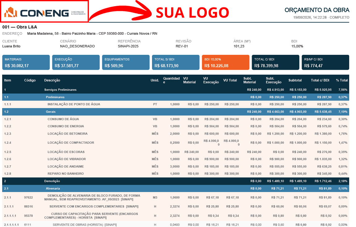 Orçamento da obra exportado em PDF pelo ORENGI, com materiais, execução, equipamentos, BDI e composições SINAPI